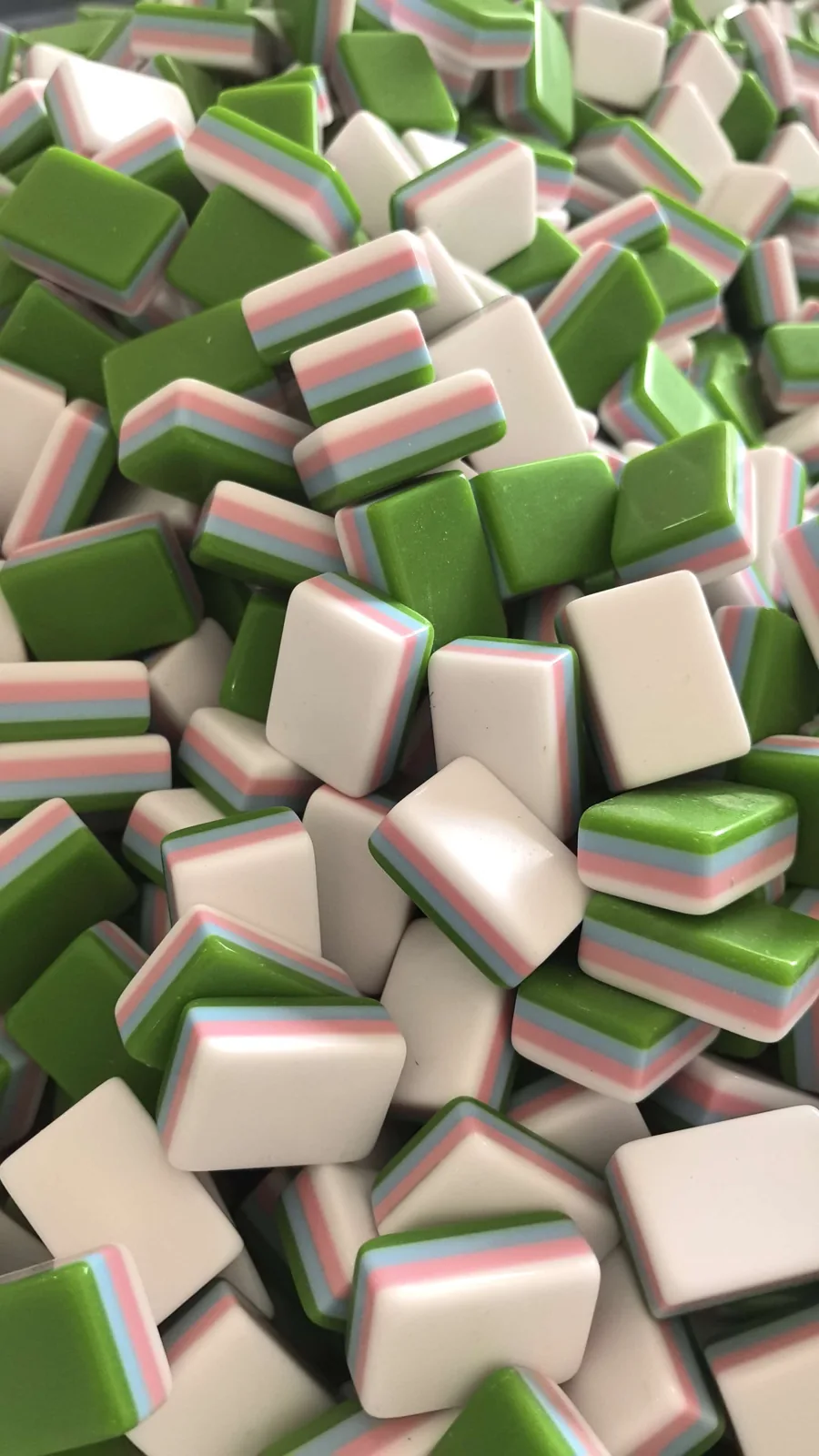 Green and white layered acrylic Mahjong tile blanks with rainbow middle layers