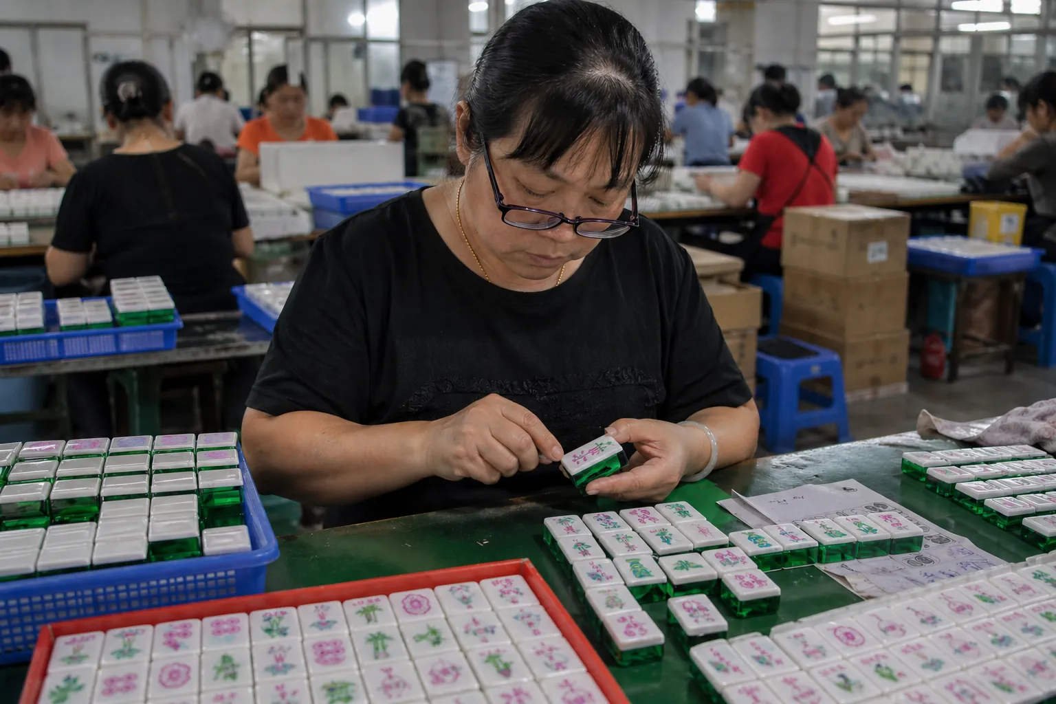 Factory worker checking a custom Mahjong tile layout during assembly