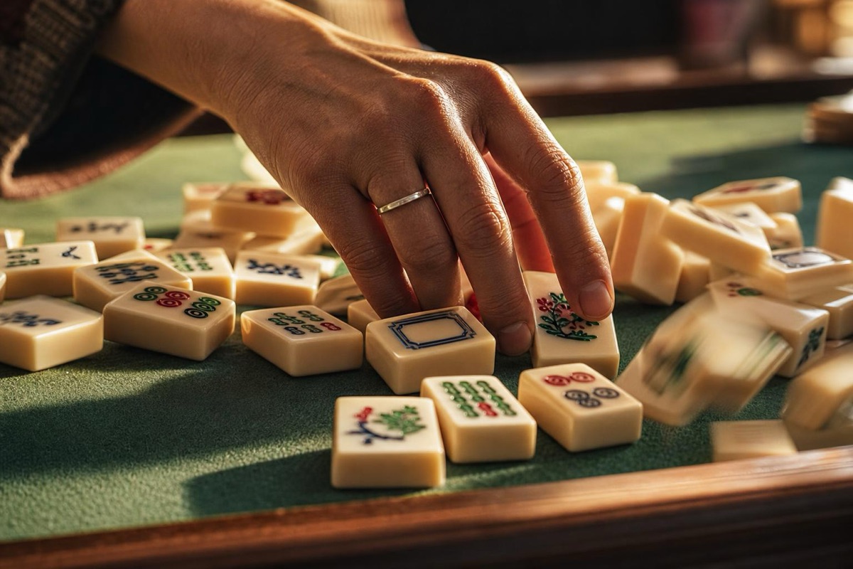 Hands shuffling American mahjong tiles