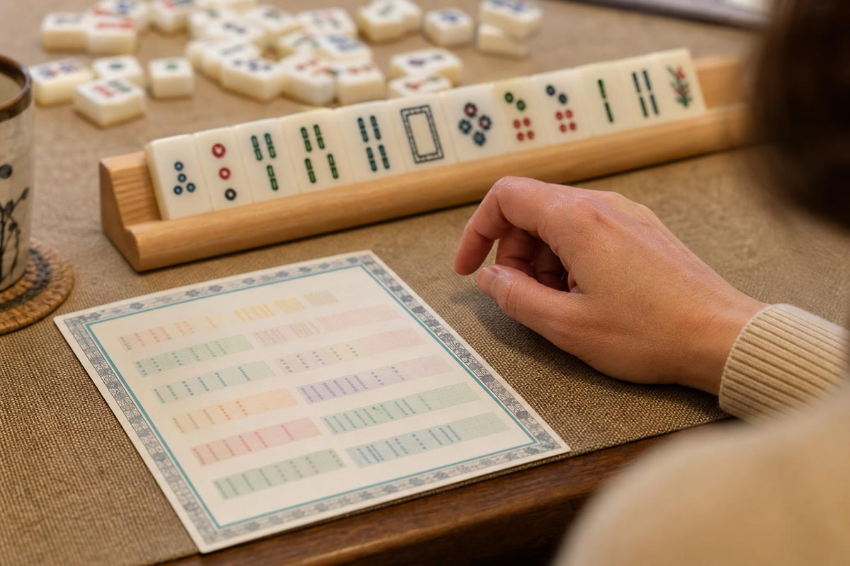 Beginner learning American mahjong with NMJL card
