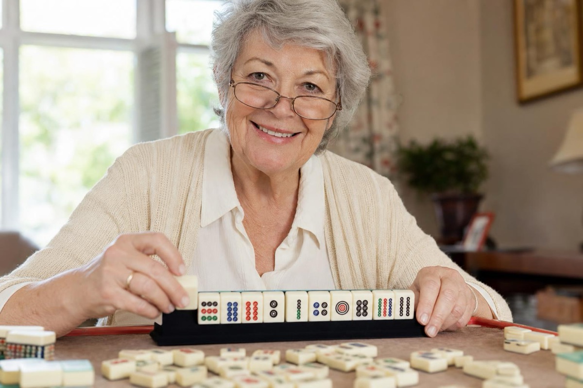 Player using a readable American Mahjong setup suited to clubs and beginner-friendly group play