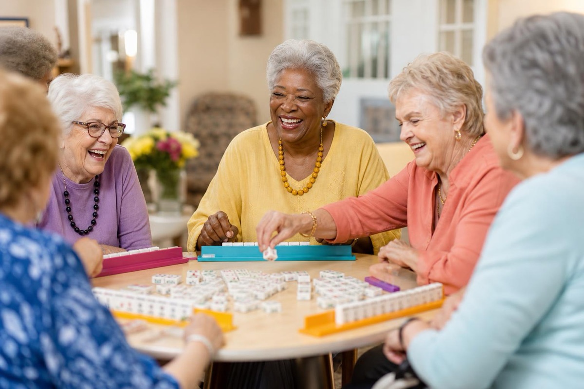 American Mahjong players gathered around a table in a social club setting