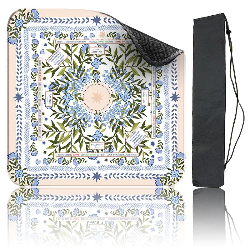 Blue and white floral Mahjong mat with carry tube