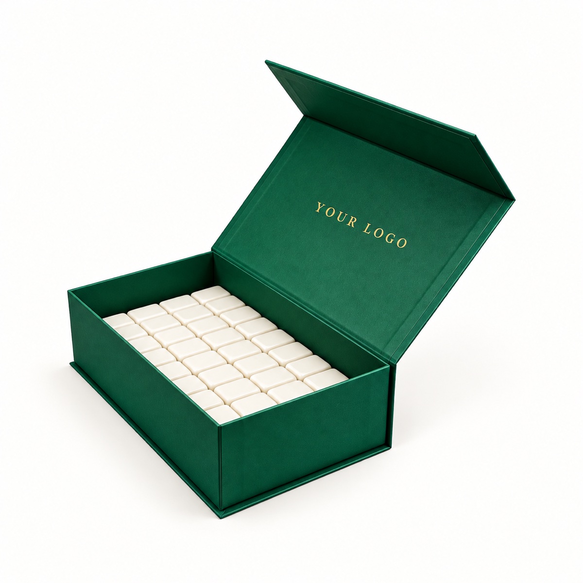 Green magnetic gift box with Mahjong tiles and a logo area