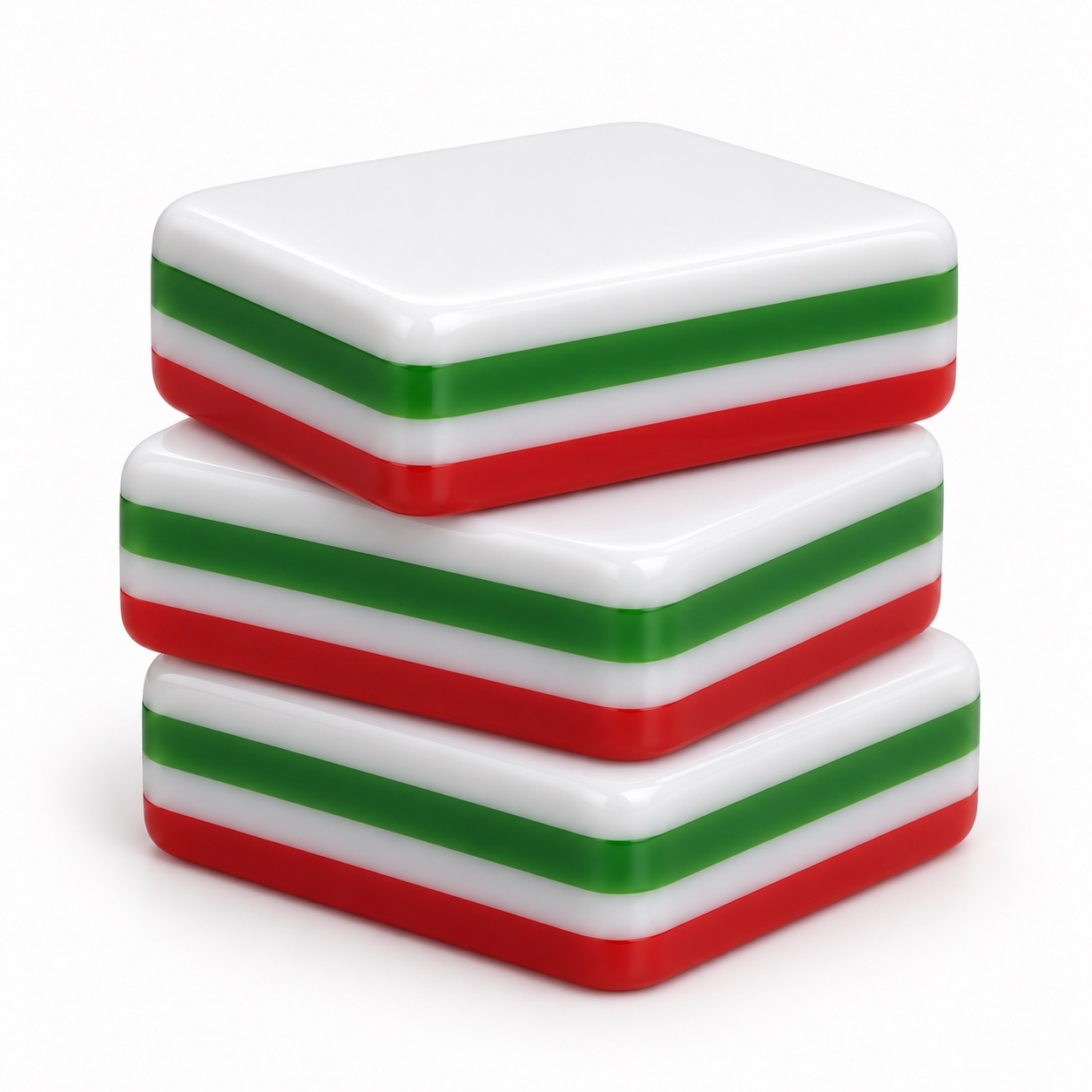 Red, green and white layered acrylic Mahjong tiles stacked